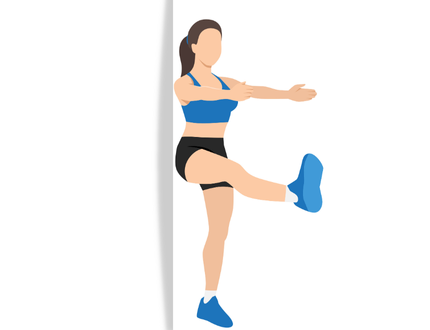 Vektorgrafik von einer Frau in Sportkleidung. Sie steht mit dem Rücken zur Wand und heb das rechte Bein in ausgestreckt in Hüfthöhe an. 