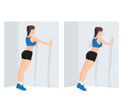 Vektorgrafik von einer Frau in Sportkleidung. Im ersten Bild links ist zu sehen, wie sie in mit ausgestreckten Armen gegen die Wand lehnt. Im zweiten Bild, wie sie die Arme beugt und dabei einen vertikalen Liegestütz macht.