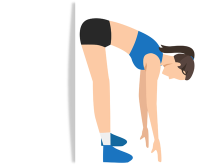 Vektorgrafik von einer Frau in Sportkleidung. Sie steht mit dem Rücken zu Wand und beugt sich so weit nach vorne, dass ihre Fingerspitzen den Boden berühren.