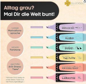 Produktbild eines Sets von 6 bunten Textmarkern, bei dem jeder einzelne mit einer lustigen Anti-Stress-Botschaft versehen ist.