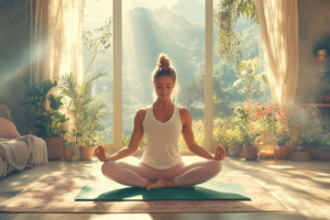 Yoga und Meditation gegen Stress. Junge Frau sitzt in Lotuspose auf einer Yogamatte und meditiert mit geschlossenen Augen.