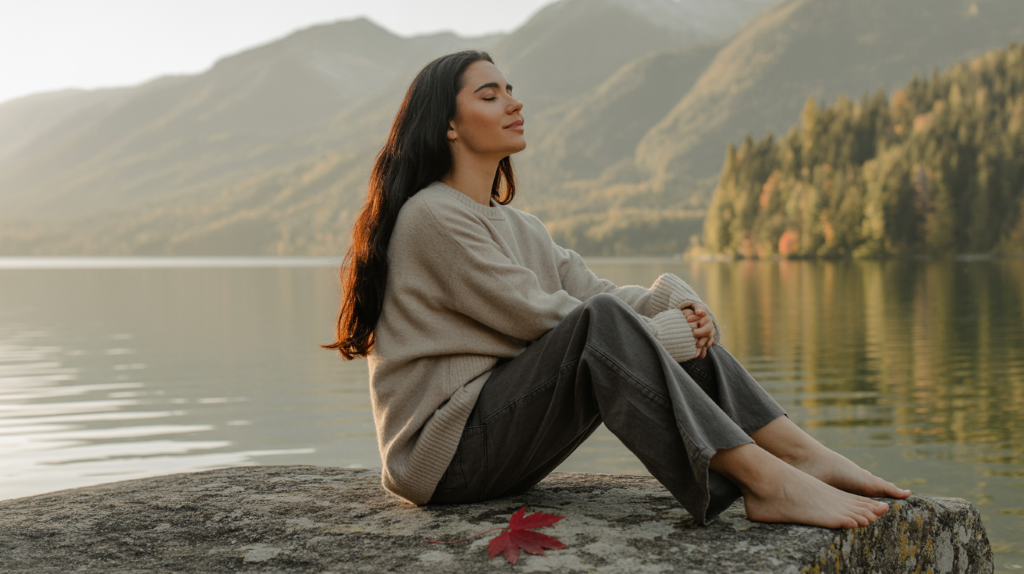 Eine dunkelhaarige Frau sitzt mit geschlossenen Augen am Ufer eines Sees. Im Hintergrund Wald. Herbststimmung.