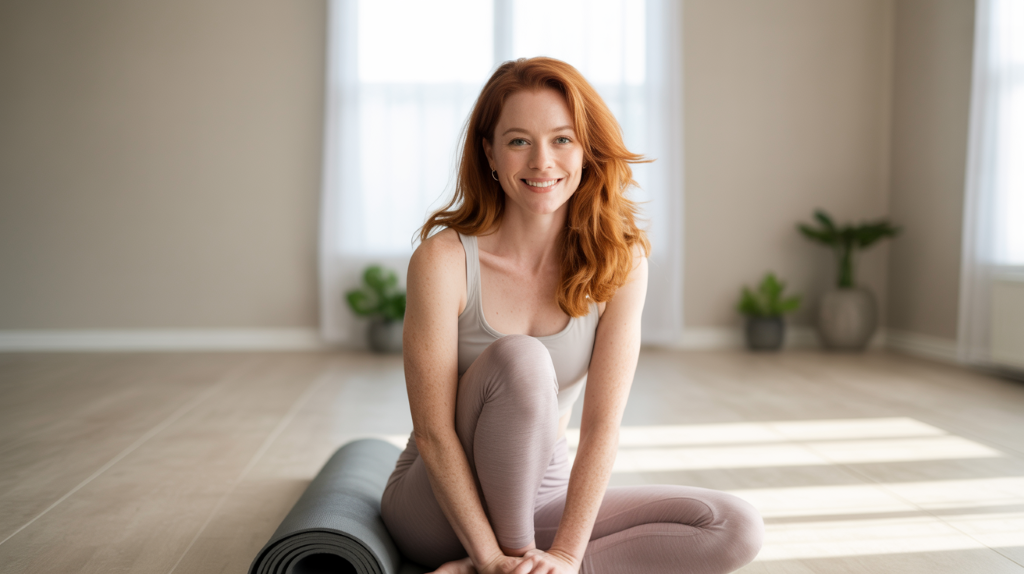 Rothaarige Frau, die auf ihrer Yogamatte sitzt und in die Kamera lächelt.