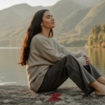 Eine dunkelhaarige Frau sitzt mit geschlossenen Augen am Ufer eines Sees. Im Hintergrund Wald. Herbststimmung.